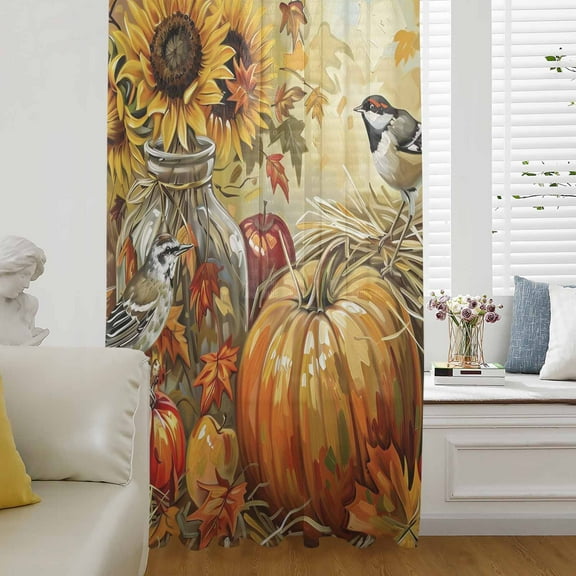Fall Pumpkins Semi Sheer Curtains Drapes for Living Room,Bedroom,French Doors Window 108 Inches Long,Sunflowers Birds Thanksgiving Oil Painting Rod Pocket Chiffon Curtain Drapery Voile Drape Panel