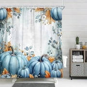 Fall Pumpkins Shower Curtain, Autumn Thanksgiving Blue Leaves on Farmhouse Wooden Bath Curtain, Halloween Country Harvest Bathroom Accessories Orange Floral Bat