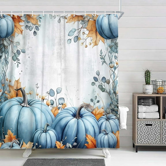 Fall Pumpkins Shower Curtain, Autumn Thanksgiving Blue Leaves on Farmhouse Wooden Bath Curtain, Halloween Country Harvest Bathroom Accessories Orange Floral Bathroom Curtains Set Hooks,72X72in