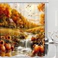 thumbnail image 1 of Fall Pumpkins Shower Curtain, Rustic Sunflowers Forest Maple Trees Watercolor Autumn Nature Scenery Gold Red Country Outdoor Bathroom Decor Fabric Curtains with Hooks, 1 of 1