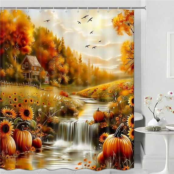 Fall Pumpkins Shower Curtain, Rustic Sunflowers Forest Maple Trees Watercolor Autumn Nature Scenery Gold Red Country Outdoor Bathroom Decor Fabric Curtains with Hooks