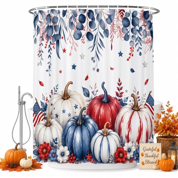 Fall Pumpkins Shower Curtain Set - Long 72" x 84" Washable Bathtub Curtain with 12 Hooks, American Flag Blue Eucalyptus Leaves Waterproof Fabric Stall Shower Curtains for Bathroom/Bathtub Décor