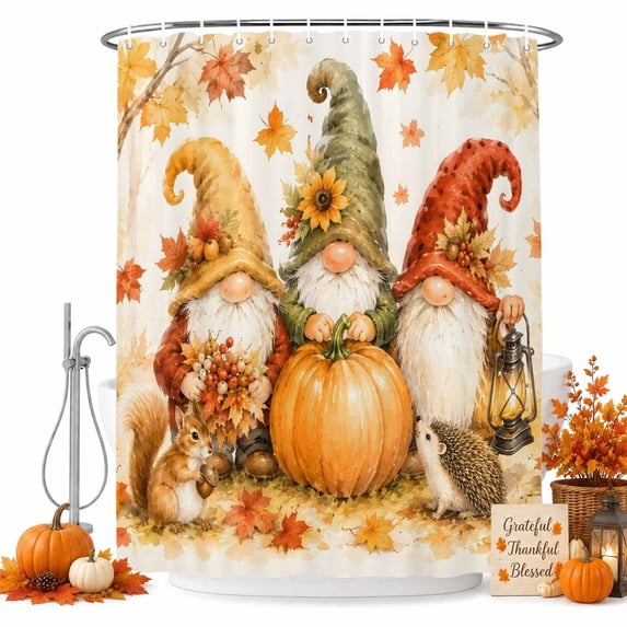 Fall Pumpkins Shower Curtain Set - Long 72" x 84" Washable Bathtub Curtain with 12 Hooks, Thanksgiving Autumn Gnomes Maple Leaves Waterproof Fabric Stall Shower Curtains for Bathroom/Bathtub Décor