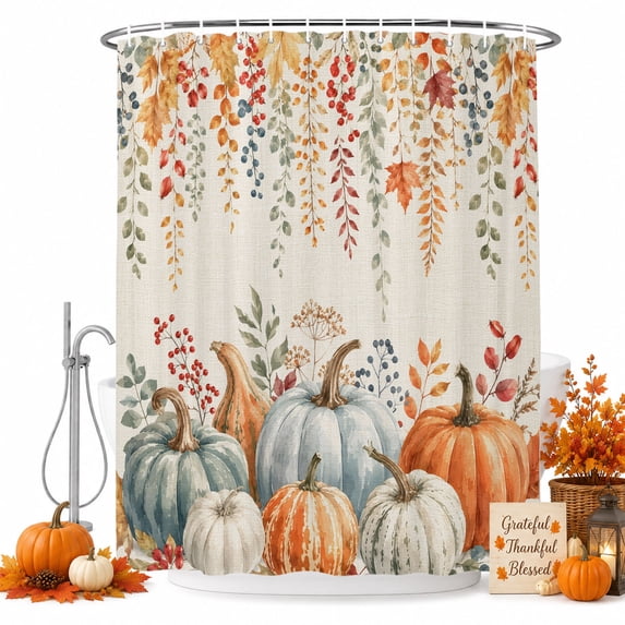 Fall Pumpkins Shower Curtain Set - Standard 72" x 72" Washable Bathtub Curtain with 12 Hooks, Rustic Maple Leaf Harvest Thanksgiving Waterproof Fabric Stall Shower Curtains for Bathroom Décor