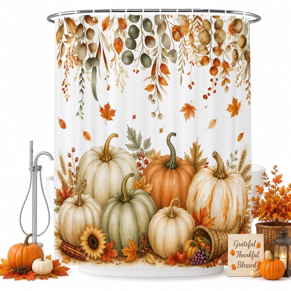 Fall Pumpkins Shower Curtain Set - Standard 72" x 72" Washable Bathtub Curtain with 12 Hooks, Thanksgiving Harvest Eucalyptus Maple Leaf Waterproof Fabric Stall Shower Curtains for Bathroom Décor