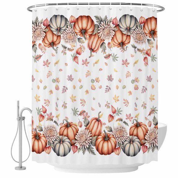 Fall Pumpkins Shower Curtain, Waterproof Shower Curtains for Bathroom, Thanksgiving Autumn Maple Country Leaves Washable Fabric Bathtub Curtain Set Bath Decor with 12 Hooks 48"x72"