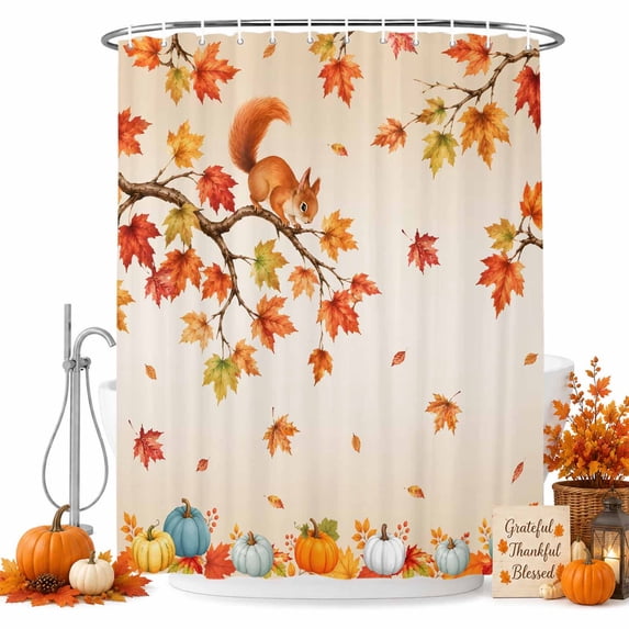 Fall Pumpkins Shower Curtain, Waterproof Shower Curtains for Bathroom, Thanksgiving Autumn Maple Leaf Orange Washable Fabric Bathtub Curtain Set Bath Decor with 12 Hooks Standard 72"x72"