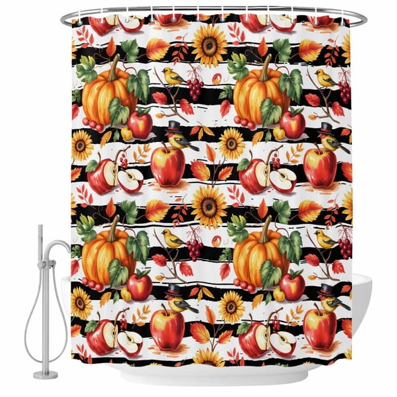 Fall Pumpkins Shower Curtain, Waterproof Shower Curtains for Bathroom, Thanksgiving Country Sunflowers Fruits Stripes Washable Fabric Bathtub Curtain Set Bath Decor with 12 Hooks Long 72"x84"