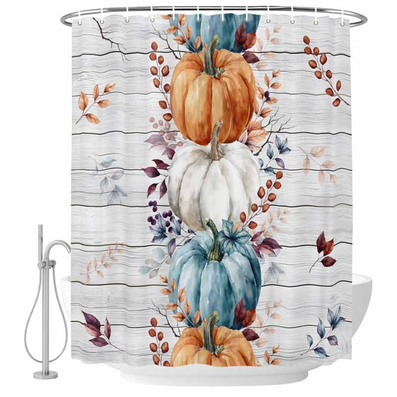 Fall Pumpkins Shower Curtain, Waterproof Shower Curtains for Bathroom, Thanksgiving Eucalyptus Leaves Grey Wood Washable Fabric Bathtub Curtain Set Bath Decor with 12 Hooks 48"x72"