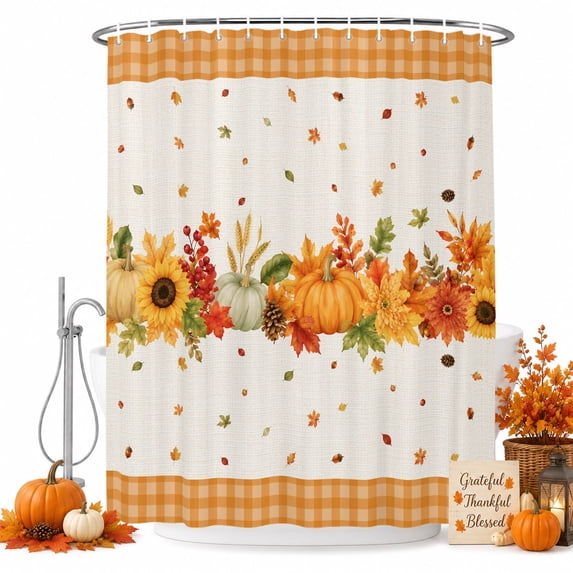 Fall Pumpkins Shower Curtain, Waterproof Shower Curtains for Bathroom, Thanksgiving Maple Leaves Floral Plaid Orange Washable Fabric Bathtub Curtain Set Bath Decor with 12 Hooks 48"x72"
