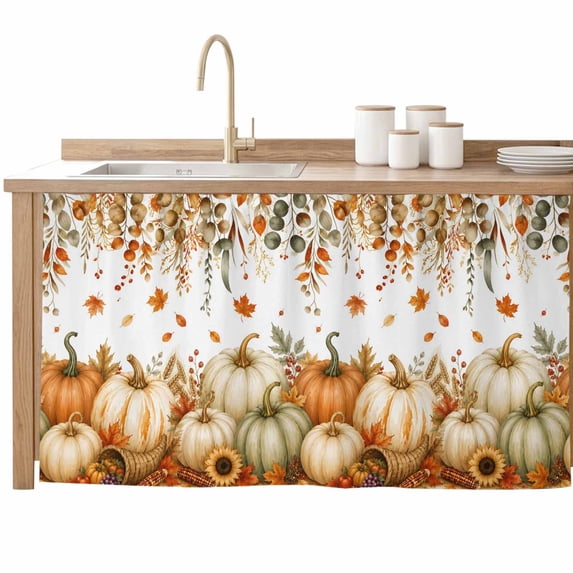 Fall Pumpkins Sink Skirt for Bathroom, Self-Adhesive Under Sink Curtain, Thanksgiving Harvest Eucalyptus Maple Leaf Hide Pipes & Storage Fabric Cabinet Skirt Cover for Kitchen Laundry 32"x55"
