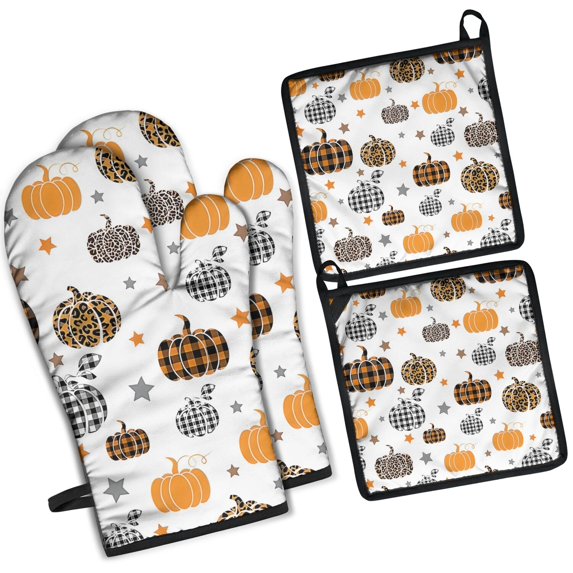 Fall Pumpkins Stars Pattern Kitchen Oven Mitt and Pot Holder Sets 4 Pcs for Baking, Cooking and Grilling, Heat Resistant Up To 392 °F