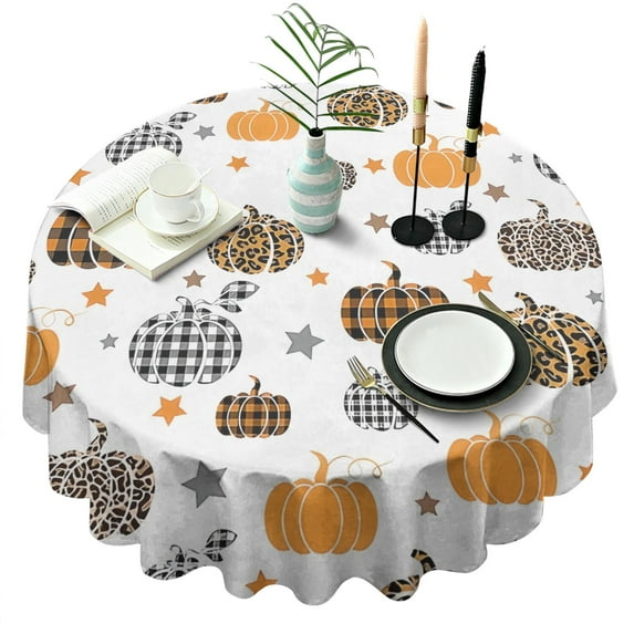 Fall Pumpkins Stars Pattern Round Tablecloth 60" X 60",Wrinkle Wipeable Table Cloth for Kitchen Dining Room Picnic Patio Party