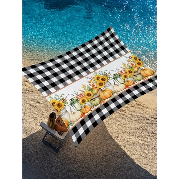 Fall Pumpkins Sun Shade Sail 12' x 16', Black Buffalo Plaid Pumpkin Sunflowers Leaves Rectangle Outdoor Sunshade Canopy, Waterproof UV Block Patio Covers for Garden Yard Beach