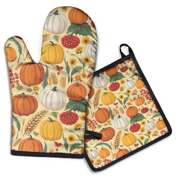 Fall Pumpkins Sunflowers Autumn Pattern Kitchen Oven Mitt and Pot Holder Sets 2 Pcs for Baking, Cooking and Grilling, Heat Resistant Up To 392 °F
