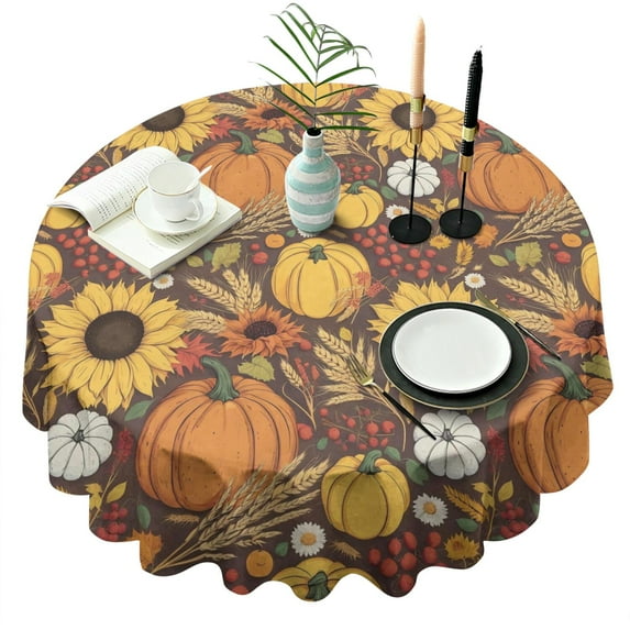 Fall Pumpkins Sunflowers Autumn Pattern Round Tablecloth 60" X 60",Wrinkle Wipeable Table Cloth for Kitchen Dining Room Picnic Patio Party