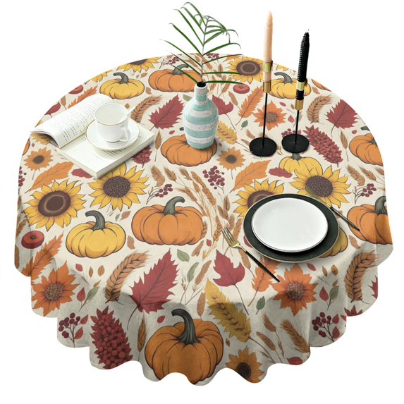 Fall Pumpkins Sunflowers Autumn Pattern Round Tablecloth 60" X 60",Wrinkle Wipeable Table Cloth for Kitchen Dining Room Picnic Patio Party