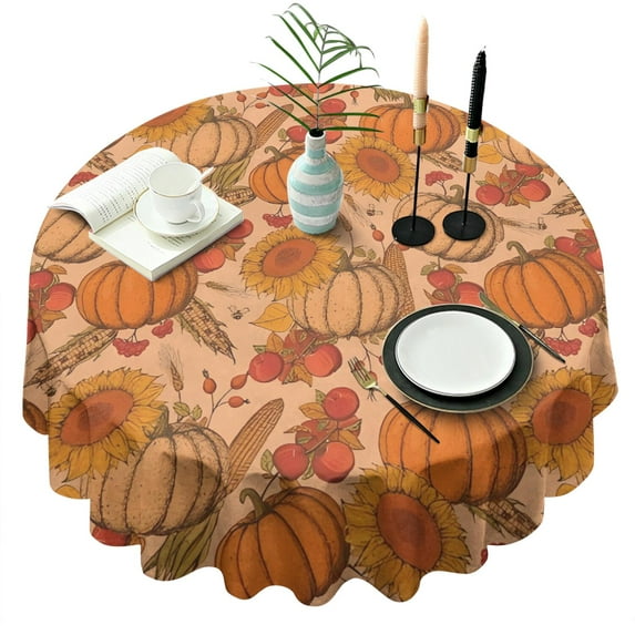Fall Pumpkins Sunflowers Corn Apples Pattern Round Tablecloth 60" X 60",Wrinkle Wipeable Table Cloth for Kitchen Dining Room Picnic Patio Party