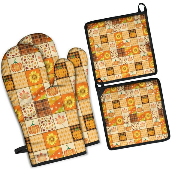 Fall Pumpkins Sunflowers Leaves Kitchen Oven Mitt and Pot Holder Sets 4 Pcs for Baking, Cooking and Grilling, Heat Resistant Up To 392 °F