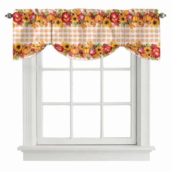 Fall Pumpkins Sunflowers Tie Up Valance Curtains for Windows, Kitchen Curtains Window Treatments, Thanksgiving Maple Rustic Plaid Short Window Shades Valances for Bedroom Bathroom Cafe 42"x12"