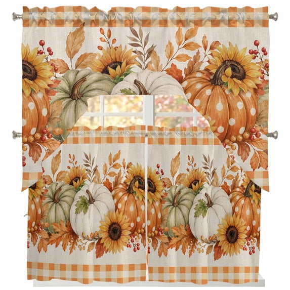 Fall Pumpkins Swag Curtains for Living Room/Bedroom Windows, Thanksgiving Maple Leaf Berry Orange Check Kitchen Curtains and Valances Set 36 Inch Length, Light Filtering Swags Valance Curtain Panels