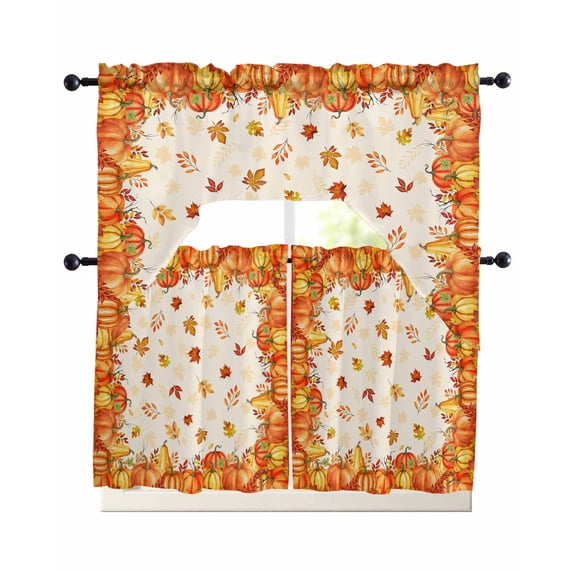 Fall Pumpkins Swag Curtains for Living Room/Bedroom Windows, Thanksgiving Orange Maple Leaf Textured Kitchen Curtains and Valances Set 36 Inch Length, Light Filtering Swags Valance Curtain Panels
