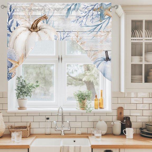 Fall Pumpkins Swag Valance for Windows, Harvest Sea Starfish Shell Coral Leaf Anchor Wood Grain Swag Curtains Valances for Small Window Treatment Rod Pocket for Kitchen Bathroom 1 Panel 56x36in