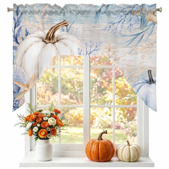 Fall Pumpkins Swag Valances for Windows 56 x 36 Inch, Country Harvest Ocean Starfish Shell Coral Leaf Anchor Rod Pocket Light Filtering Window Topper for Kitchen Bathroom Bedroom Living Room