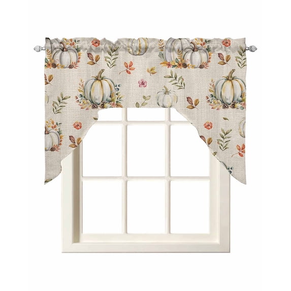 Fall Pumpkins Swag Valances for Windows, Small Curtains Drapes, Thanksgiving Autumn Botanical Leaf on Linen Kitchen Window Curtains Over Sink Window Treatment Valance for Bedroom/Bathroom 56"x36"