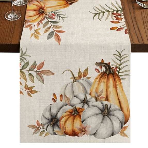 Fall Pumpkins Table Runner 36 Inches Long, Cotton Linen Table Runner Dresser Scarf, Thanksgiving Country Flower Leaf on Linen Short Fabric Tablerunners for Dining Tables Wedding Holiday Party 13"x36"