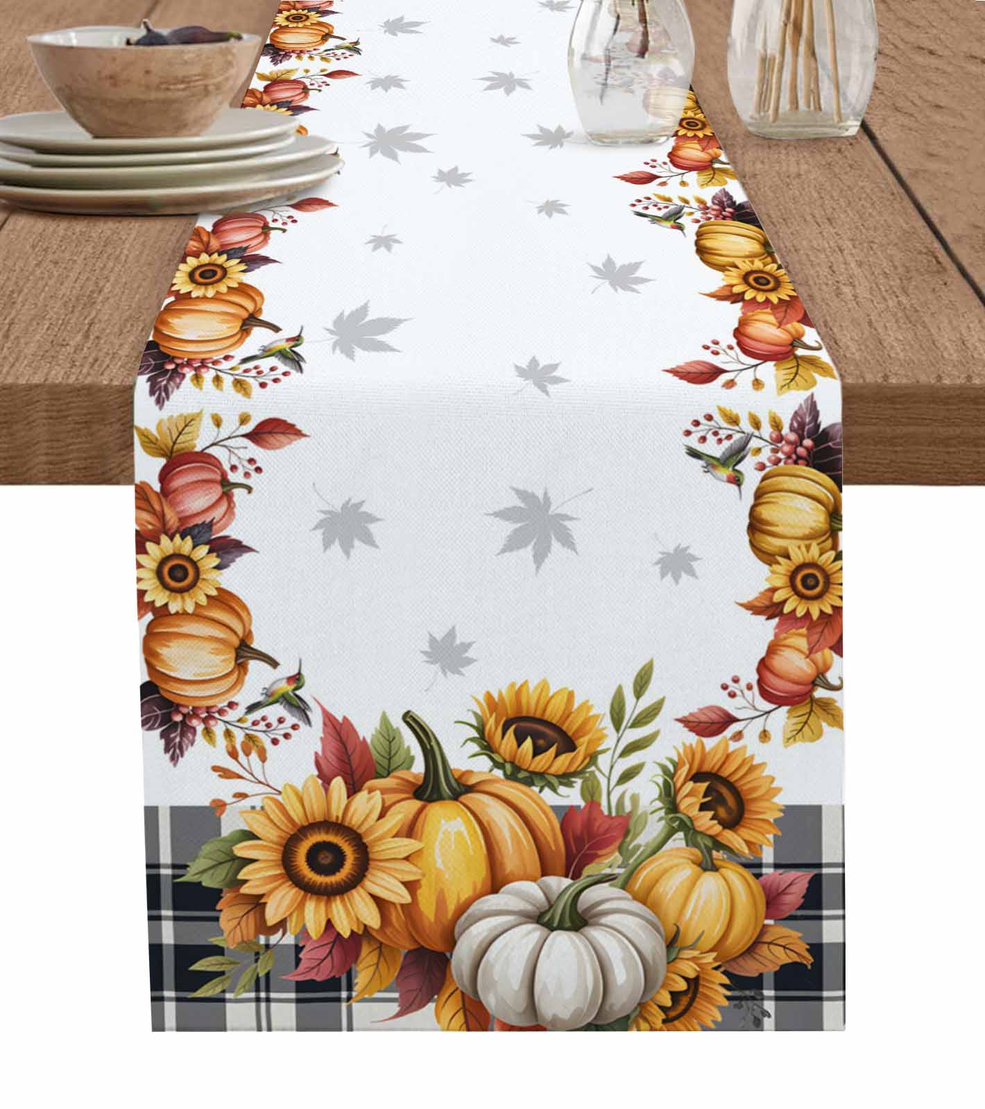 Fall Pumpkins Table Runner 72 Inches, Thanksgiving Maple Leaf Sunflower ...