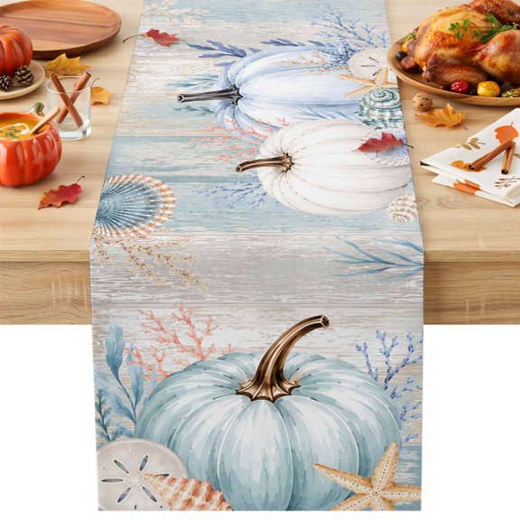 Fall Pumpkins Table Runner, Country Harvest Ocean Starfish Shell Coral Leaf Anchor Decorative Table Runner for Kitchen, Dining‑Room, Banquet and Holiday Party, 13x36 Inch