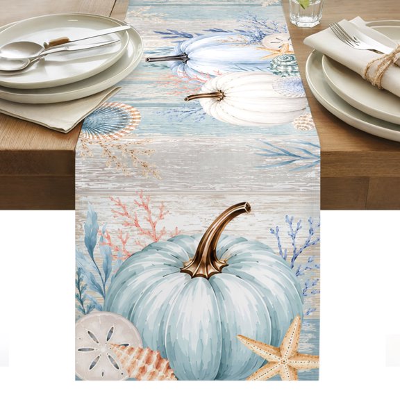 Fall Pumpkins Table Runner, Country Harvest Ocean Starfish Shell Coral Leaf Anchor Washable Kitchen Table Runners for Dining Table Decorations Party/Restaurant/Indoor Outdoor Use, 13x36in