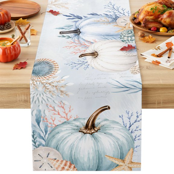 Fall Pumpkins Table Runner, Harvest Blue Ocean Starfish Shell Coral Leaf Anchor Cotton Linen Kitchen Table Decoration Washable Dining Tabletop Runners for Home Party Decor 13x36 Inches