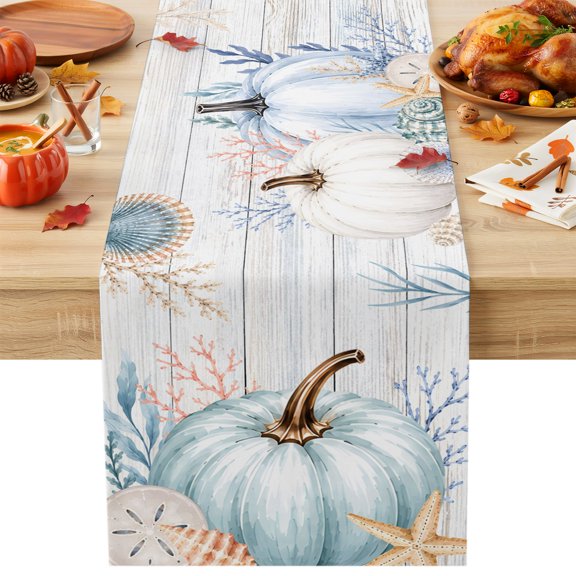 Fall Pumpkins Table Runner, Harvest Sea Starfish Shell Coral Leaf Anchor Wood Grain Cotton Linen Kitchen Table Decoration Washable Dining Tabletop Runners for Home Party Decor 13x36 Inches