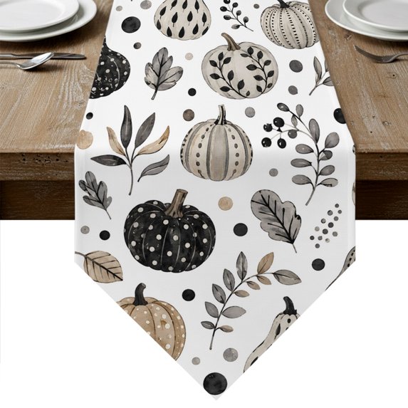 Fall Pumpkins Table Runner Linen Burlap Table Runner 70 Inches Long Black Brown Botanical Thanksgiving Dresser Scarves for Kitchen Island Coffee Dining Room Party Wedding Holiday Decoration 13"x70"