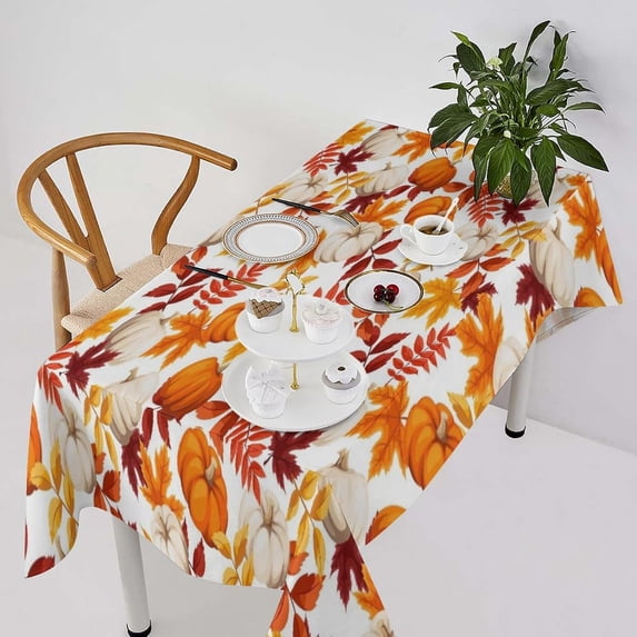 Fall Pumpkins Tablecloth, Autumn Natures Leaves Country Farmhouse Style Table Cover for Thanksgiving Harvest Festival Kitchen Dining Room Decor, Rectangle60x84