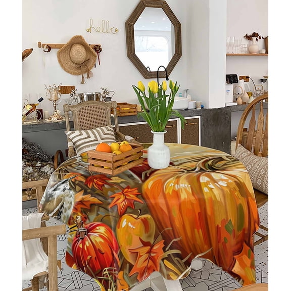 Fall Pumpkins Tablecloth Square Table Cloth 54x54, Waterproof Tablecloth Outdoor Table Cloth, Sunflowers Birds Thanksgiving Oil Painting Washable Table Cover for Kitchen Dining Party