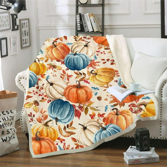 Fall Pumpkins Throw Blanket, Autumn Orange White Blue Pumpkins Leaves and Berries Soft Warm Fleece Blanket for Living Room Couch Bed Chair or Dorm, 50"x60"