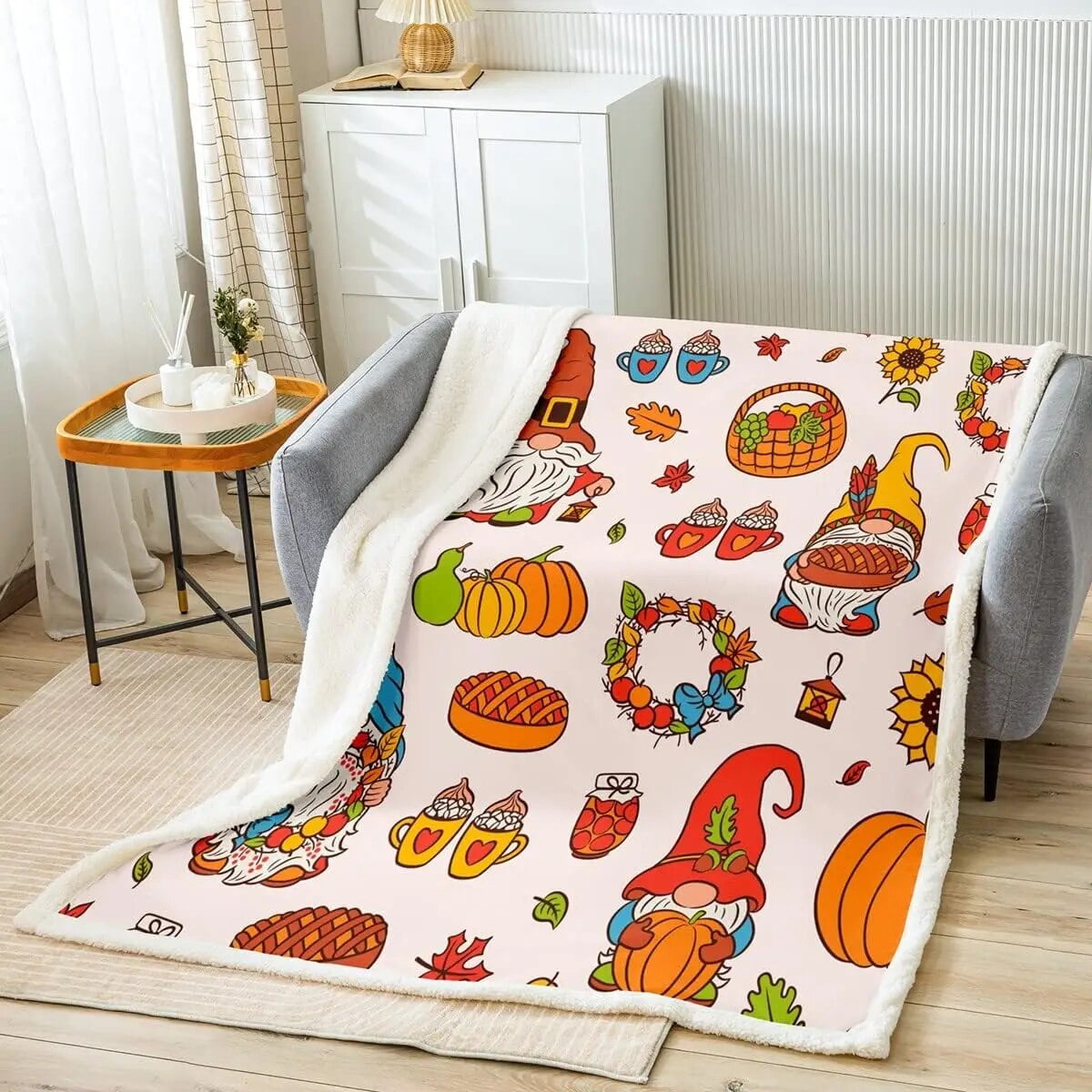 Fall Pumpkins Throw Blanket Cute Gnomes Turkey Maple Leaves Bed Blanket