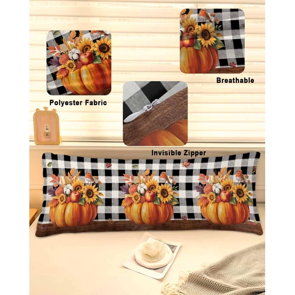 Fall Pumpkins Throw Pillow Covers, Thanksgiving Sunflowers Leaves Retro Palid Soft Breathable Pillow Cases with Zipper for Sleeping, Long Body Pillowcases for Couch Bed Sofa Chair 20x60 Inches