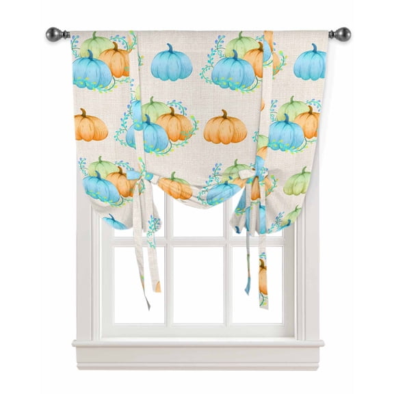 Fall Pumpkins Tie Up Curtains for Kitchen Bathroom Bedroom Windows 45 Inch Length, Blue Green Orange Pumpkins Thanksgiving Balloon Drape Curtains Shade Rod Pocket Drapery Curtain Panel, 42"x45"