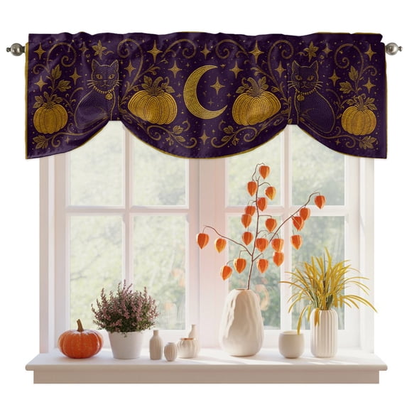 Fall Pumpkins Tie Up Valance Curtains for Windows, Kitchen Curtains Window Treatments, Halloween Rustic Night Moon Cats Purple Short Window Shades Valances for Bedroom Bathroom Cafe 54"x18"