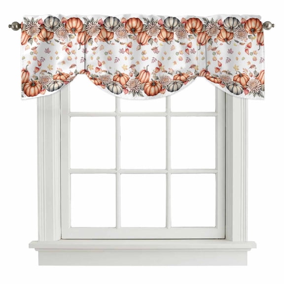Fall Pumpkins Tie Up Valance Curtains for Windows, Kitchen Curtains Window Treatments, Thanksgiving Autumn Maple Country Leaves Short Window Shades Valances for Bedroom Bathroom Cafe 42"x12"