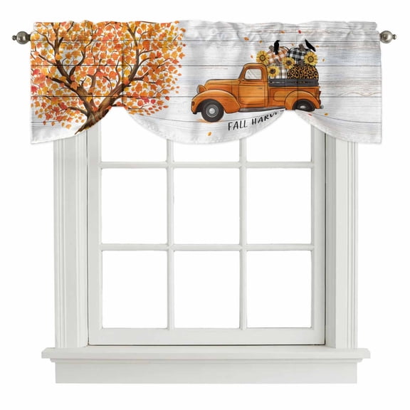 Fall Pumpkins Tie Up Valance Curtains for Windows, Kitchen Curtains Window Treatments, Thanksgiving Maple Country Cart Harvest Short Window Shades Valances for Bedroom Bathroom Cafe 42"x18"