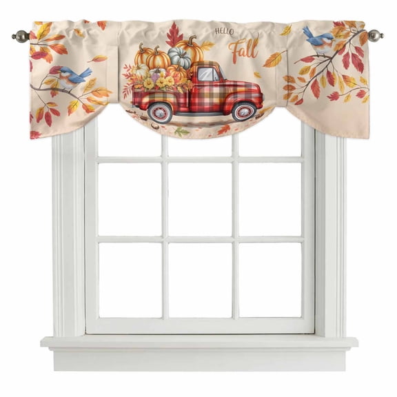 Fall Pumpkins Tie Up Valance Curtains for Windows, Kitchen Curtains Window Treatments, Thannksgiving Truck Retro Leaves Rustic Short Window Shades Valances for Bedroom Bathroom Cafe 42"x12"
