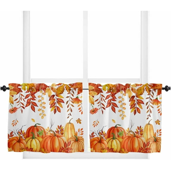 Fall Pumpkins Tier Curtains 24 Inch Length, Thanksgiving Rustic Orange Red Maple Leaf Rod Pocket Kitchen Tier Curtains 2 Panels, Farmhouse Small Window Treatment Tiers for Cafe Bathroom, 27.5"x24"