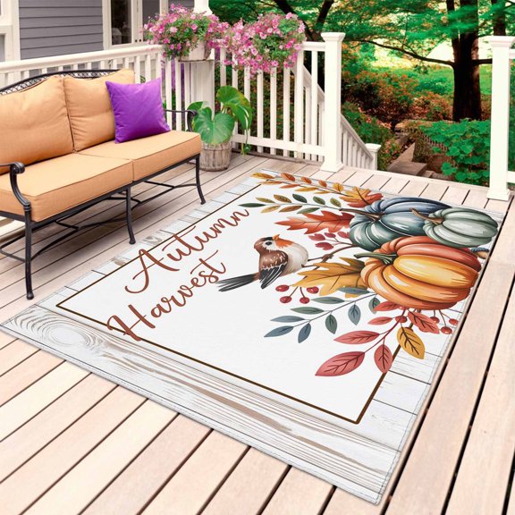 Fall Pumpkins Tits Outdoor Rug for Patio/Deck/Porch, Non-Slip Large Area Rug 6 x 9 Ft, Autumn Thanksgiving Leaves Country Wood Indoor Outdoor Rugs Washable Area Rugs, Camping Rug Carpet Runner