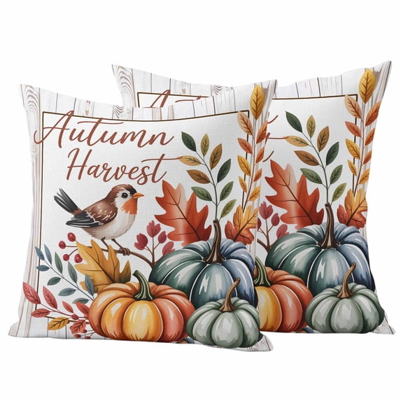 Fall Pumpkins Tits Outdoor Waterproof Pillow Covers, Autumn Thanksgiving Leaves Country Wood Decorative Square Throw Pillowcase Sofa Cushion Sham for Patio/Couch/Chair, 20"x20" 2 Pack