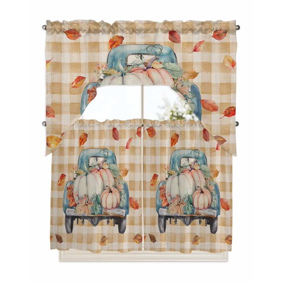 Fall Pumpkins Truck Kitchen Curtain and Valance Set 3 Pieces,Rod Pocket Short Tier Curtains 36 Inch Length,Orange Plaid Thanksgiving Rustic Swag Topper Small Window Treatment for Cafe Bathroom
